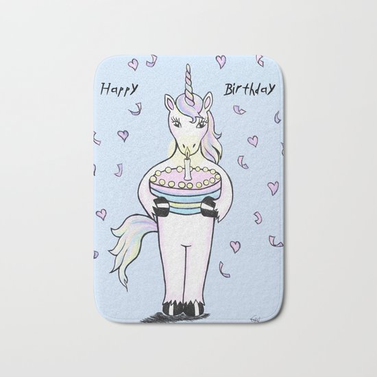 Happy Birthday Unicorn (blue) Bath Mat