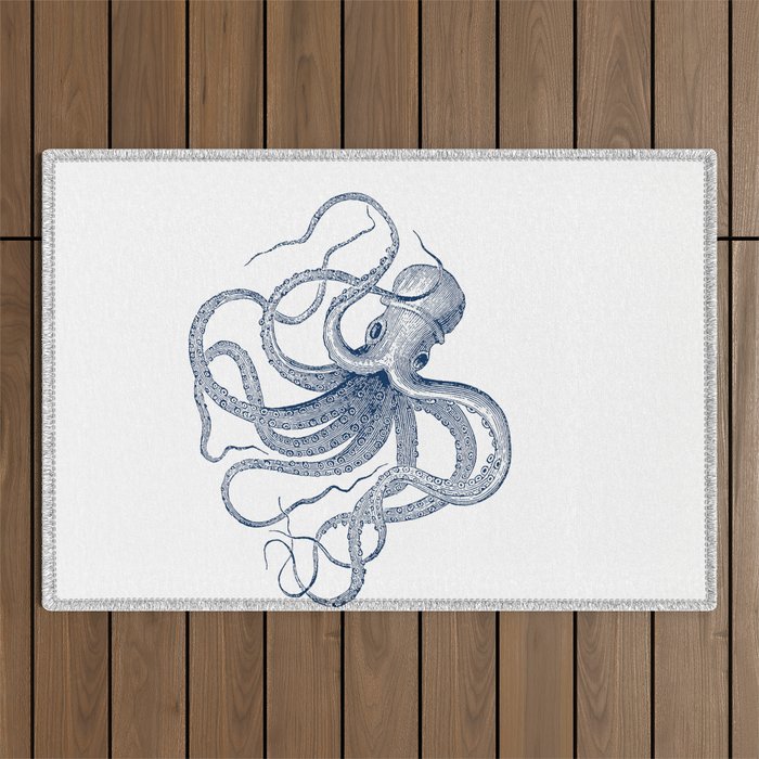 Blue nautical vintage octopus illustration Outdoor Rug