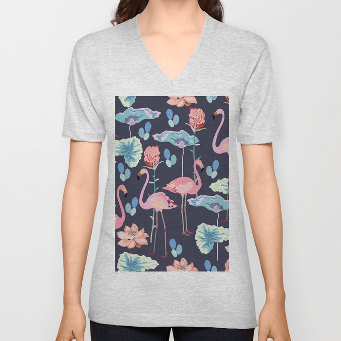 Pink flamingos surrounded by lotus flowers and protea on a violet color background V Neck T Shirt