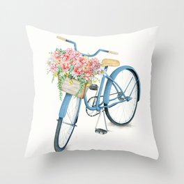 Blue Bicycle with Flowers in Basket Throw Pillow
