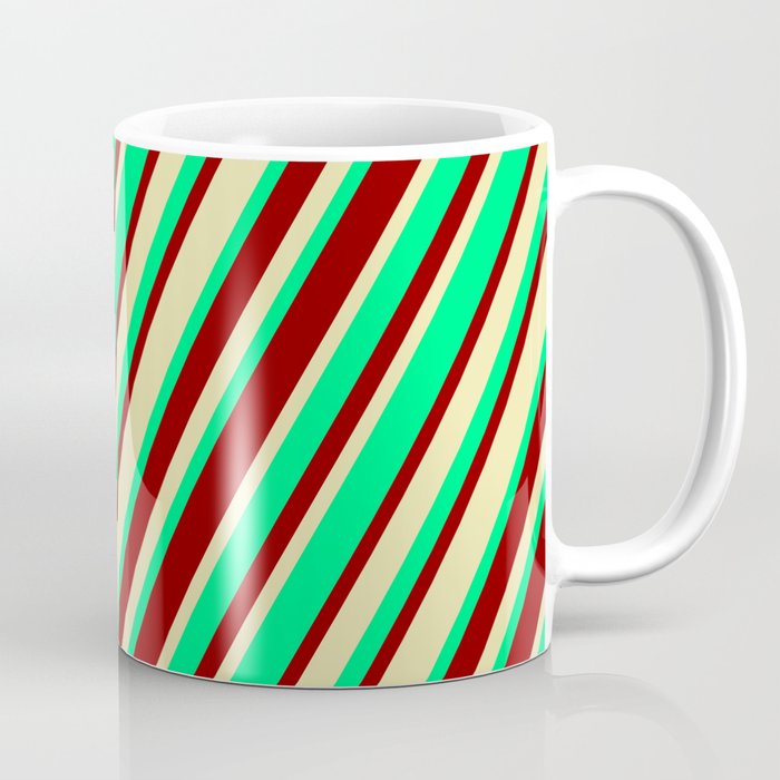 Green, Dark Red & Pale Goldenrod Colored Stripes Pattern Coffee Mug
