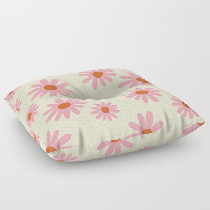 70s Hand Drawn Flower Power Florals in Pink & Beige Floor Pillow
