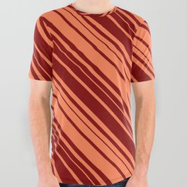 [ Thumbnail: Coral & Maroon Colored Lined/Striped Pattern All Over Graphic Tee ]