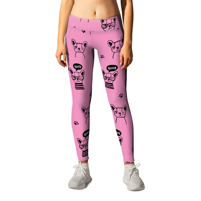 Pink and Black Hand Drawn Dog Puppy Pattern Leggings
