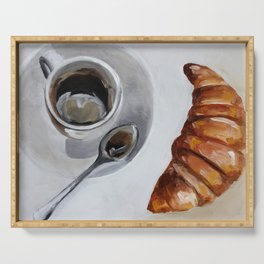 French breakfast, coffee and croissant, original oil painting, daily art Serving Tray