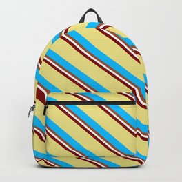 [ Thumbnail: Vibrant Maroon, Tan, Deep Sky Blue, Sienna & White Colored Striped/Lined Pattern Backpack ]