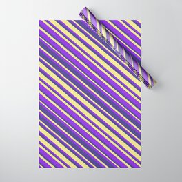 [ Thumbnail: Purple, Dark Slate Blue, and Tan Colored Striped Pattern Wrapping Paper ]