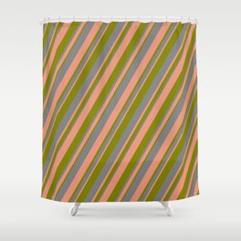 [ Thumbnail: Grey, Dark Salmon & Green Colored Stripes/Lines Pattern Shower Curtain ]