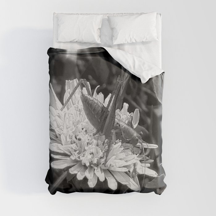 Monochrome grasshopper on dandelion summer field photography Duvet Cover