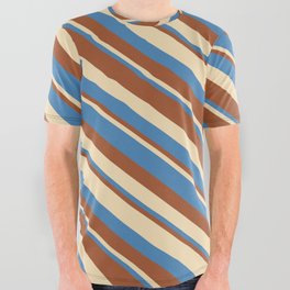 [ Thumbnail: Tan, Blue & Sienna Colored Stripes/Lines Pattern All Over Graphic Tee ]