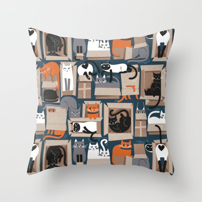 Purfect feline architecture // teal background cute cats in cardboard boxes Throw Pillow