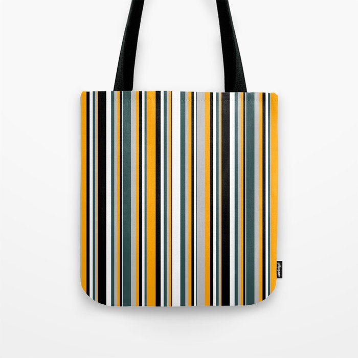 Eyecatching Orange, Grey, Dark Slate Gray, White, and Black Colored Lined Pattern Tote Bag