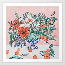 California Summer Bouquet - Oranges and Lily Blossoms in Blue and White Urn Art Print