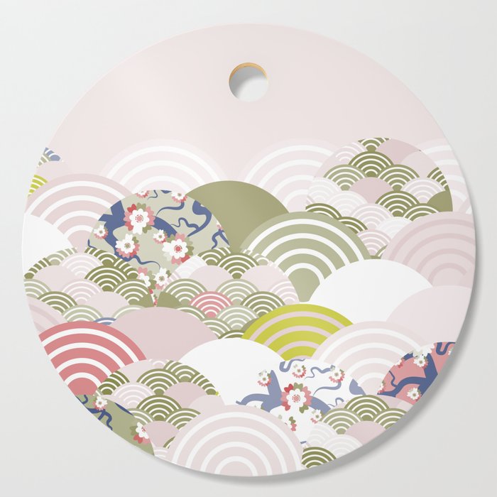 Scales Simple Nature Background With Japanese Sakura Flower Rosy Pink Cherry Wave Circle Pattern Cutting Board By Ekaterinap