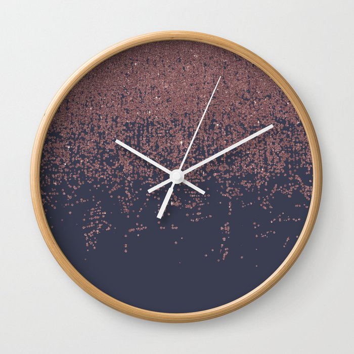 Glamorous Rose Gold Navy Blue Glitter Ombre Wall Clock By