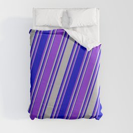 [ Thumbnail: Grey, Blue & Purple Colored Stripes Pattern Duvet Cover ]