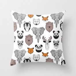 Friendly geometric animals // white background black and white orange grey and taupe brown animals Throw Pillow