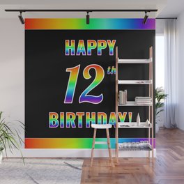 [ Thumbnail: Fun, Colorful, Rainbow Spectrum “HAPPY 12th BIRTHDAY!” Wall Mural ]