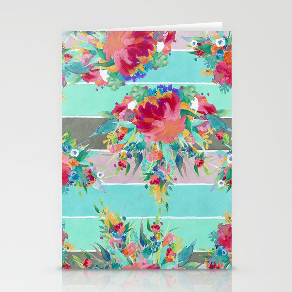 Watercolor Pink Orange Teal Blue Hand Painted Floral Stripes Stationery Cards
