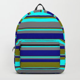 [ Thumbnail: Green, Cyan, Grey, and Dark Blue Colored Striped Pattern Backpack ]