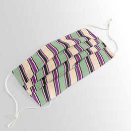 [ Thumbnail: Dark Sea Green, Purple, Bisque, and Black Colored Lines Pattern Face Mask ]