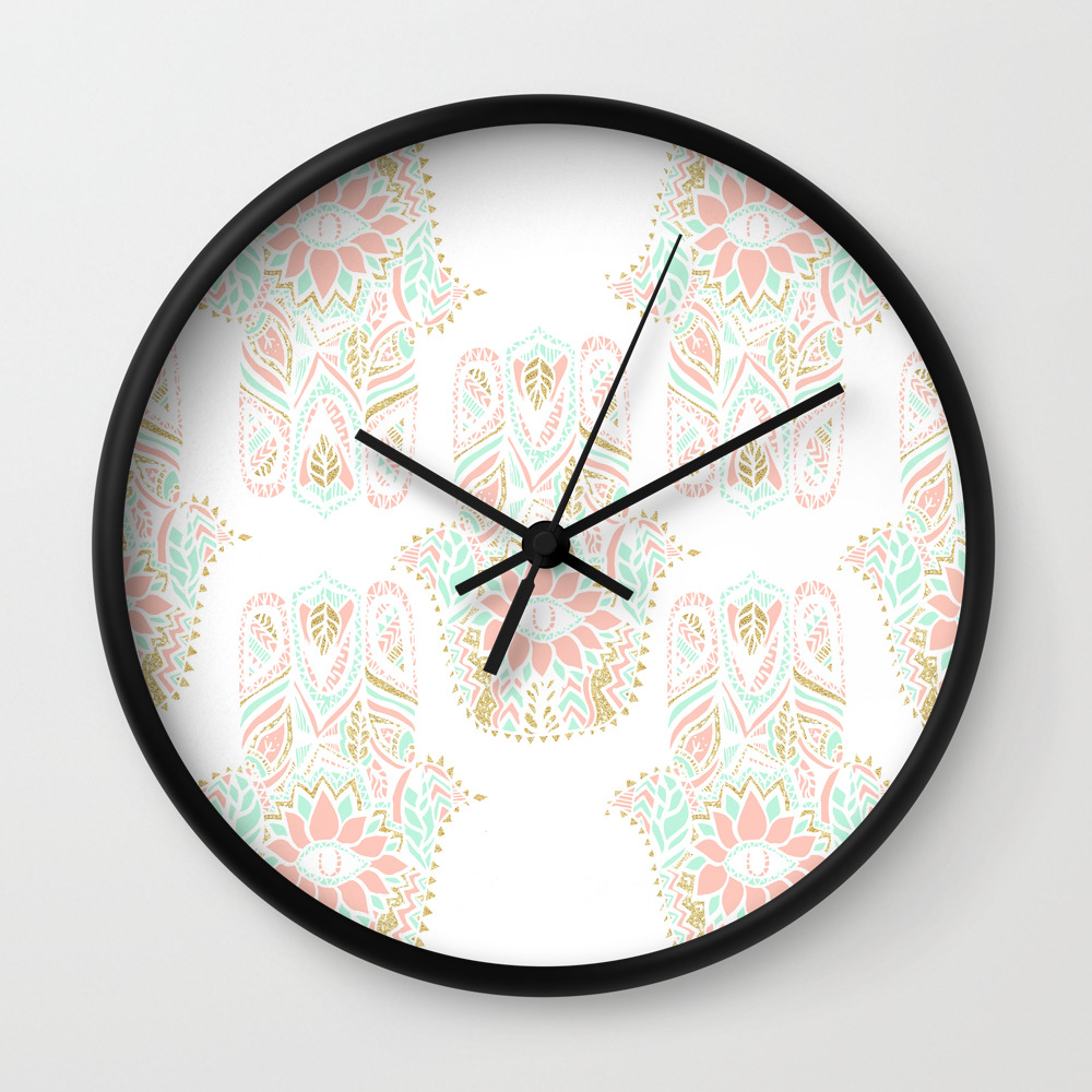 Modern Girly Pink Mint Gold Hamsa Hand Of Fatima Wall Clock By