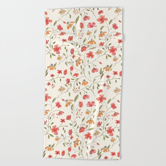 Red and Orange Vintage Floral Pattern Beach Towel