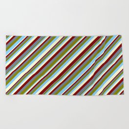 [ Thumbnail: Maroon, Slate Gray, Green, Light Sky Blue, and Light Yellow Colored Stripes/Lines Pattern Beach Towel ]