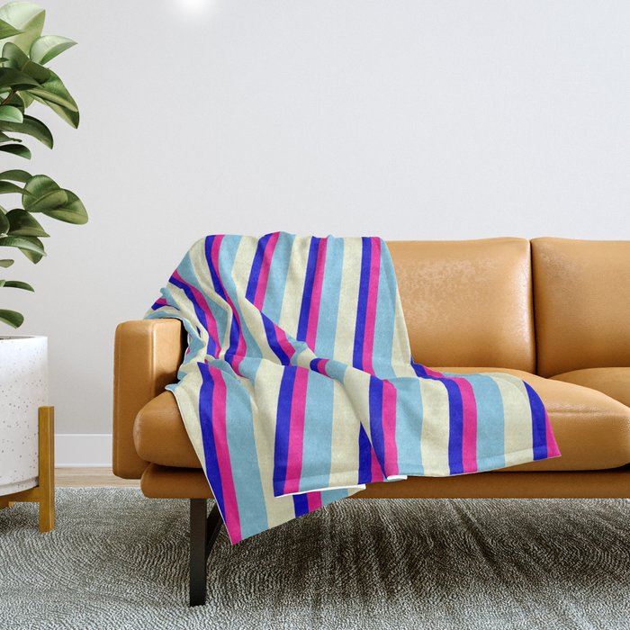 Blue, Deep Pink, Sky Blue, and Light Yellow Colored Stripes/Lines Pattern Throw Blanket