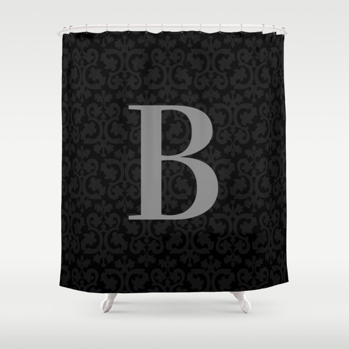Modern Black Grey Damask Letter B Monogram Shower Curtain By
