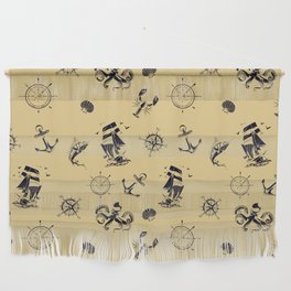 Beige And Blue Silhouettes Of Vintage Nautical Pattern Wall Hanging