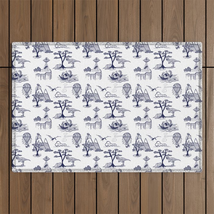 Bad Day Toile pattern in Traditional Blue and White Outdoor Rug