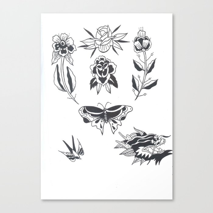 Old School Tattoos Black And White Canvas Print By Nick Lafaras | Society6