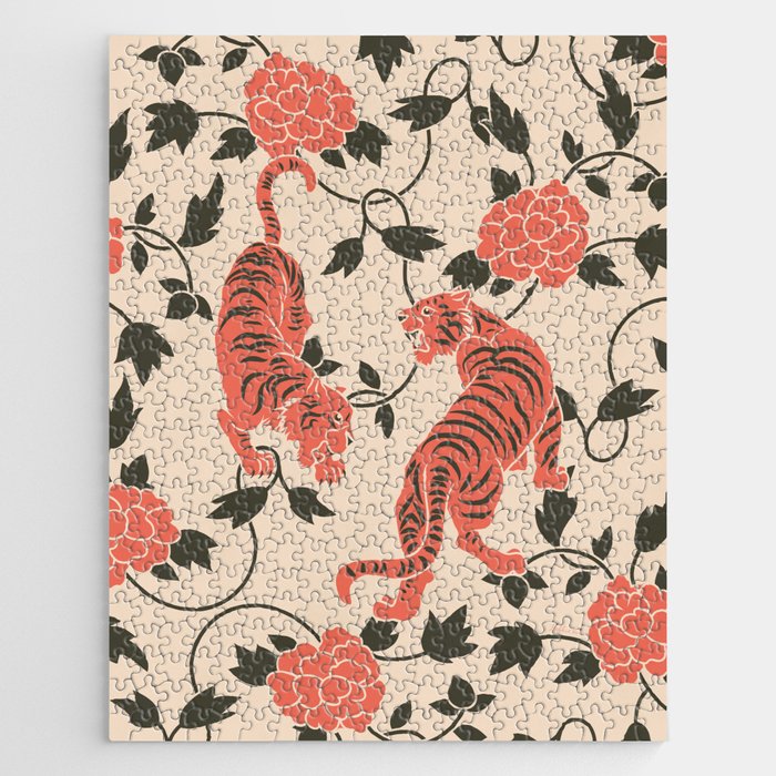 Chinese Tigers Retro Floral Pattern Jigsaw Puzzle