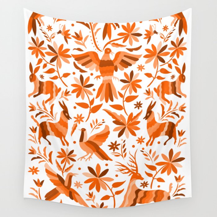 Mexican Otomí Design in Orange Color by Akbaly Wall Tapestry
