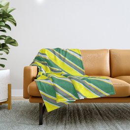 [ Thumbnail: Yellow, Gray, Sea Green, and Lavender Colored Striped Pattern Throw Blanket ]
