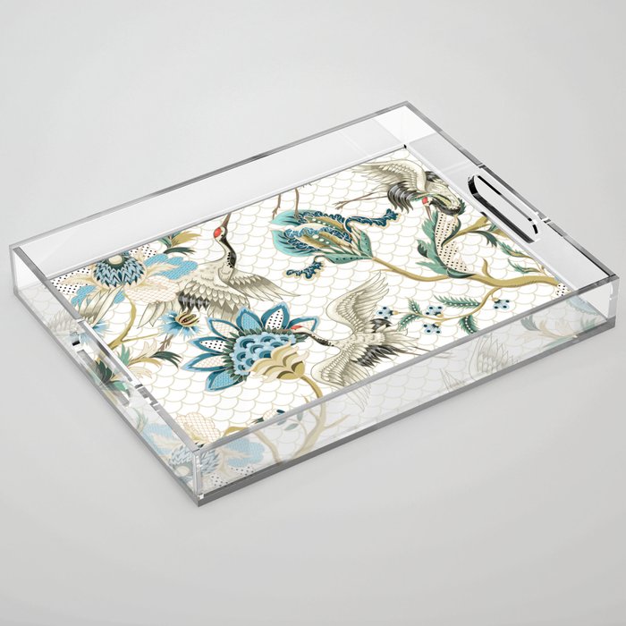 Japanese Ornate Heron Pattern Ivory Silver Blue Acrylic Tray