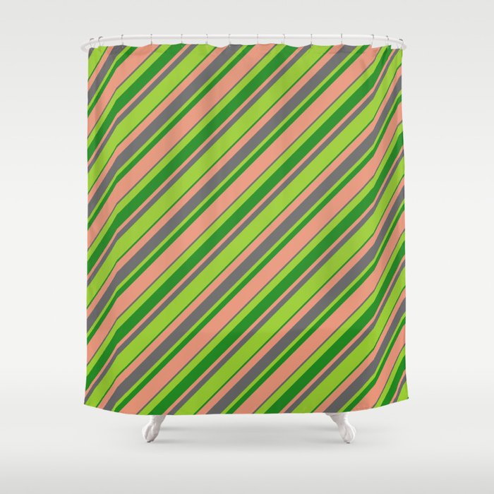Green, Forest Green, Dark Salmon, and Dim Gray Colored Striped/Lined Pattern Shower Curtain