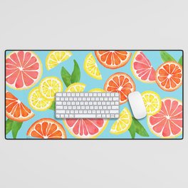 Summer Citrus and Leaves - Blue Desk Mat