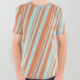 [ Thumbnail: Coral & Turquoise Colored Lined Pattern All Over Graphic Tee ]