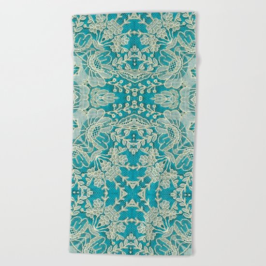 floral lace on blue Beach Towel