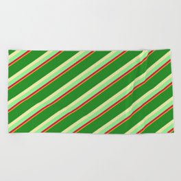 [ Thumbnail: Forest Green, Pale Goldenrod, Light Green, Crimson, and Goldenrod Colored Pattern of Stripes Beach Towel ]