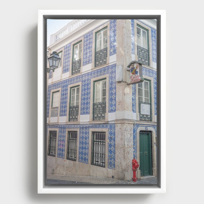 Blue azulejos on a corner building in Alfama, Lisbon, Portugal - street and travel photography Framed Canvas