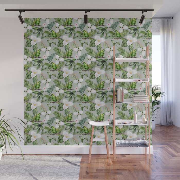 Tropical Flowers Parrots Foliage Pattern Wall Mural