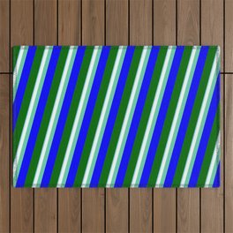 [ Thumbnail: Colorful Sky Blue, Mint Cream, Aquamarine, Blue & Dark Green Colored Striped/Lined Pattern Outdoor Rug ]