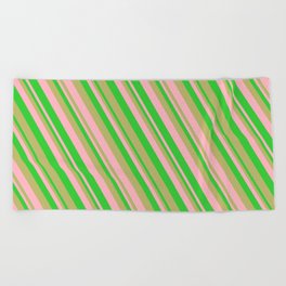 [ Thumbnail: Dark Khaki, Light Pink & Lime Green Colored Lines/Stripes Pattern Beach Towel ]