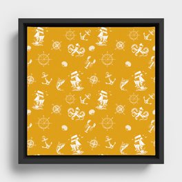 Mustard And White Silhouettes Of Vintage Nautical Pattern Framed Canvas