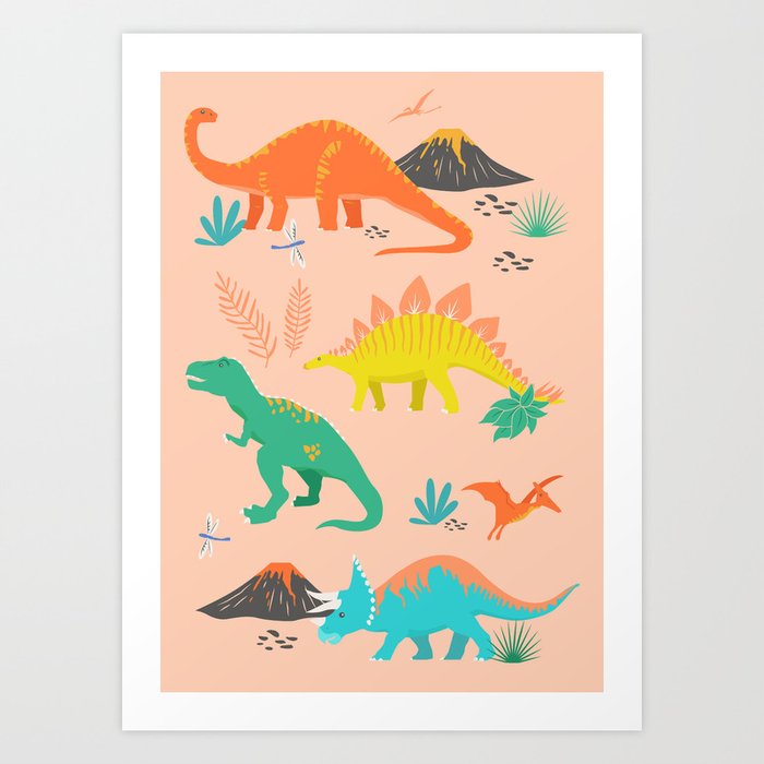Jurassic Dinosaurs on Peach Art Print