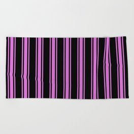 [ Thumbnail: Black and Orchid Colored Pattern of Stripes Beach Towel ]