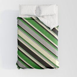 [ Thumbnail: Forest Green, Dark Grey, Light Yellow, and Black Colored Pattern of Stripes Comforter ]